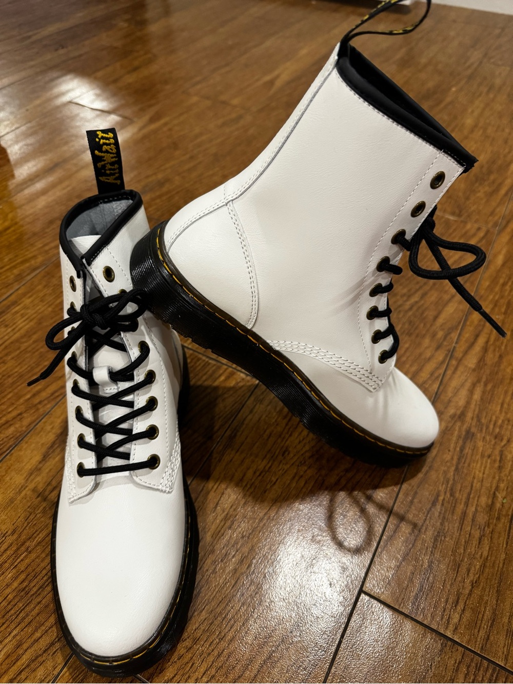 Dr martens White Combat Boots with Black Trim and Laces -unisex